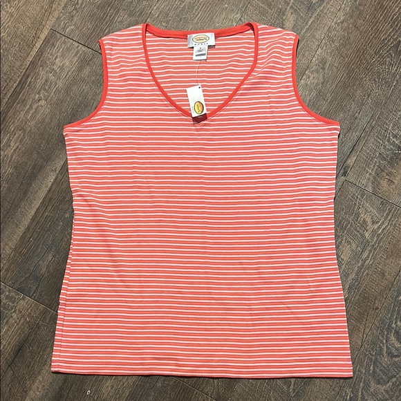 Talbots Womens Size X Coral White Striped Knit Tank‎ Top NWT V Neck - Picture 1 of 5